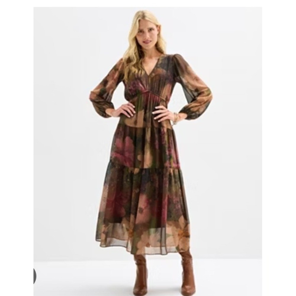 Isabel & Nina Floral Chiffon Tiered Maxi Dress Brown Multi V-Neck Plus Size 16W